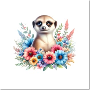 A meerkat decorated with beautiful colorful flowers. Posters and Art